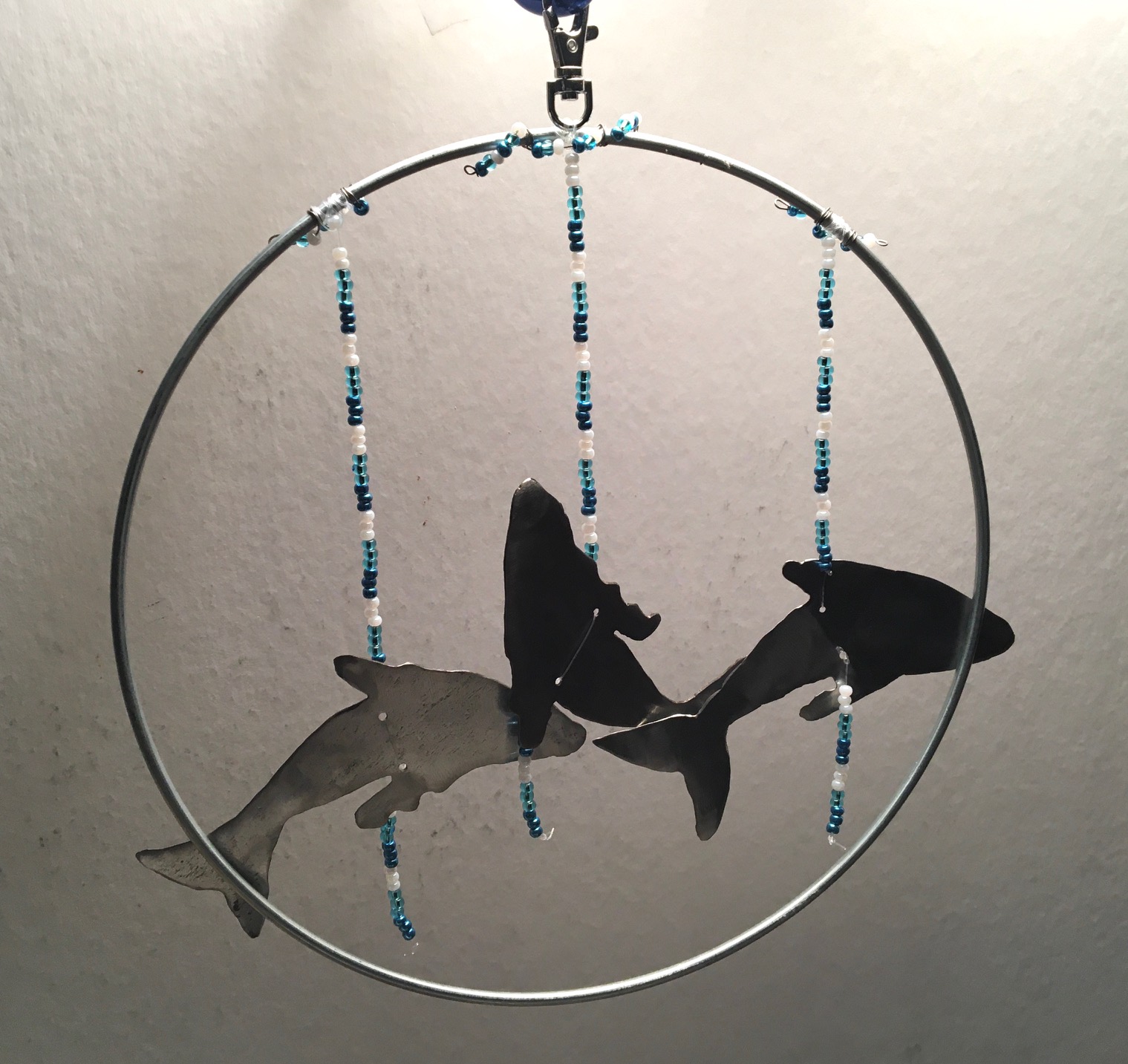 Humpback Whale Wind Chime with teal  and white beads